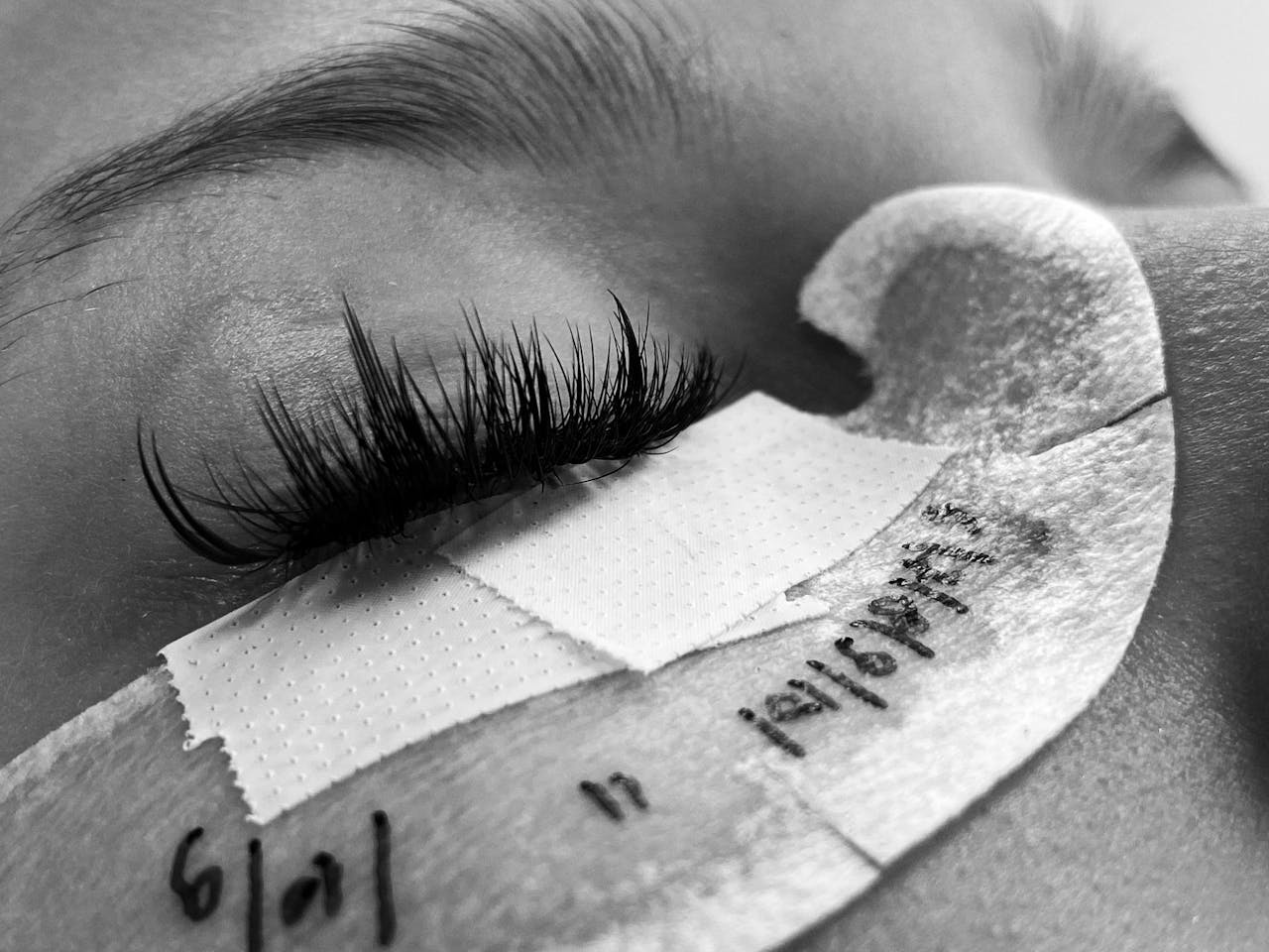services-03 Detailed black and white image of eyelash extension procedure close-up.